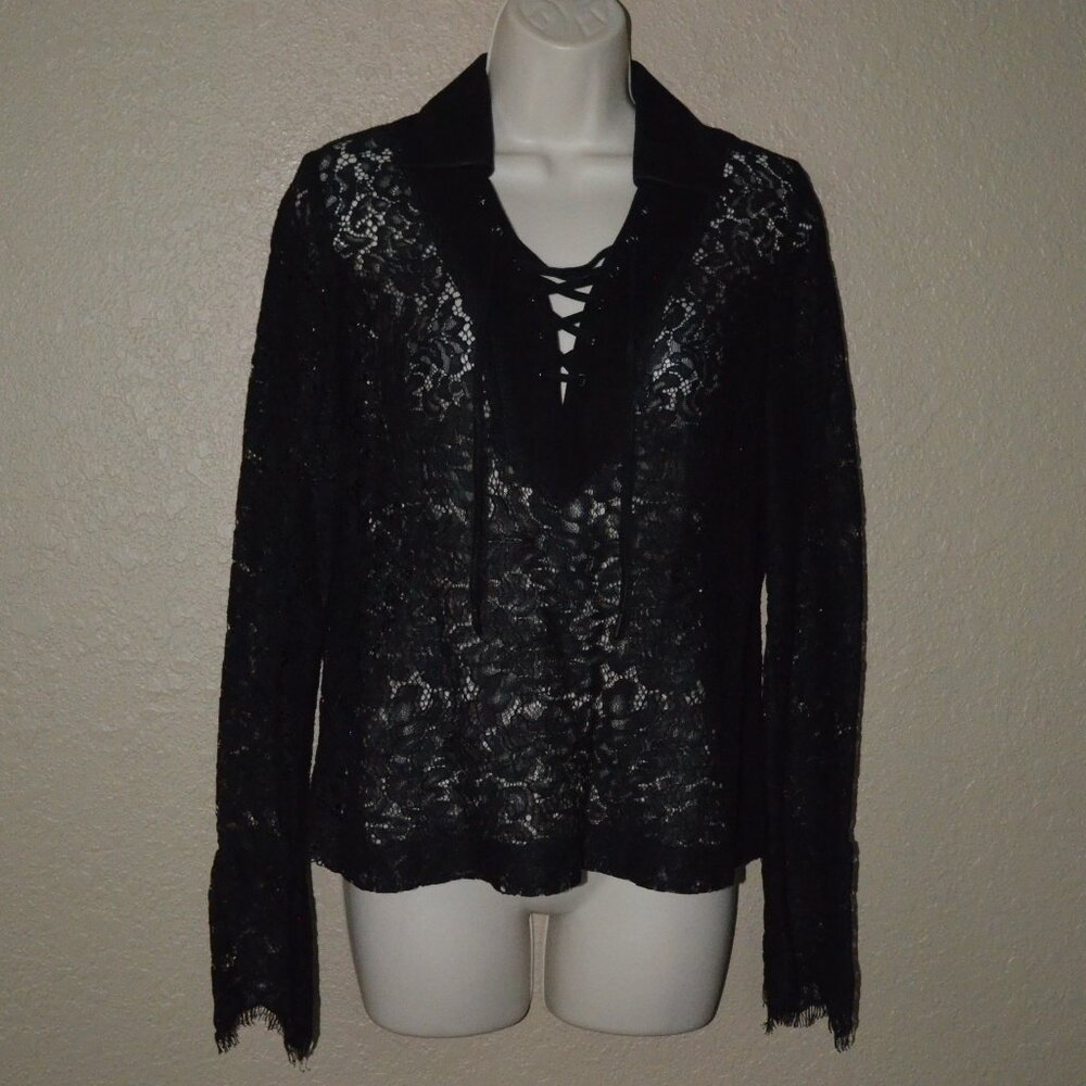 Sz XS LAMARQUE Black Lace Long Sleeve Lace Up Blouse Top